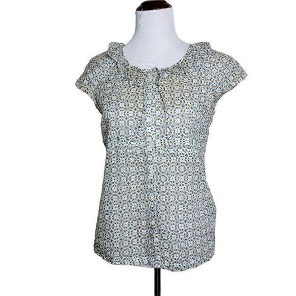 J Crew Tie Front Geo Print Ruffle Neck Blouse Top 6 - Picture 1 of 12
